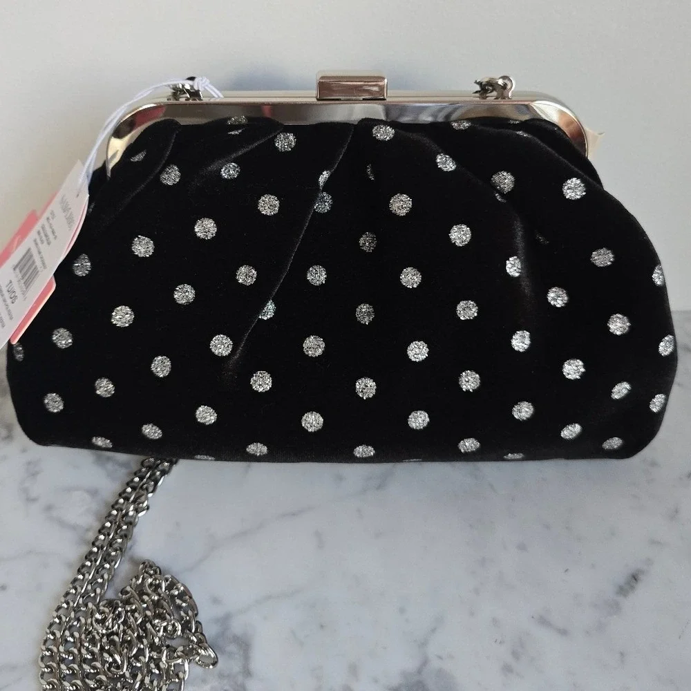 Sam & Libby New Brandi Velvet Black Polka Dot Bow Hobo Chain Crossbody Clutch